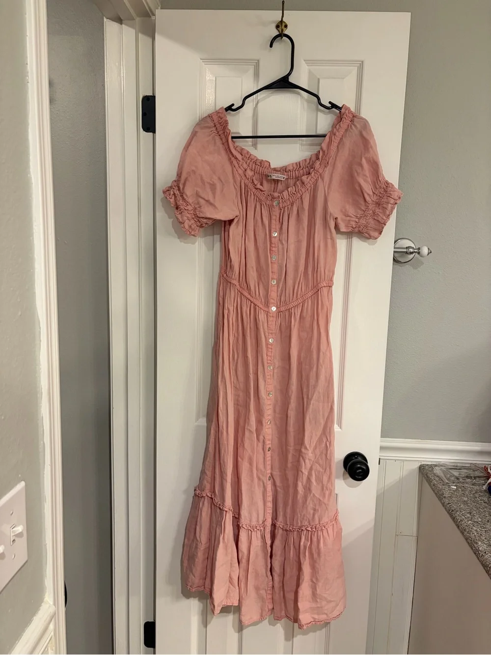 Zara 100% Linen Off Shoulder Button Front Midi Dress XL Pink